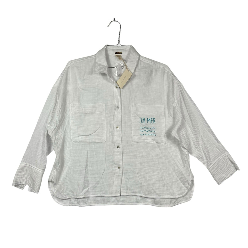 Magaschoni Button Down Womens Shirt with Collar and Front pockets Beachy Size M